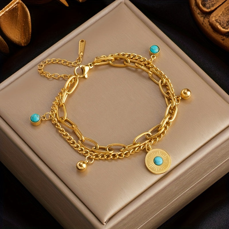 Bracciale a Catena Strato Elegante in Oro e Turchese