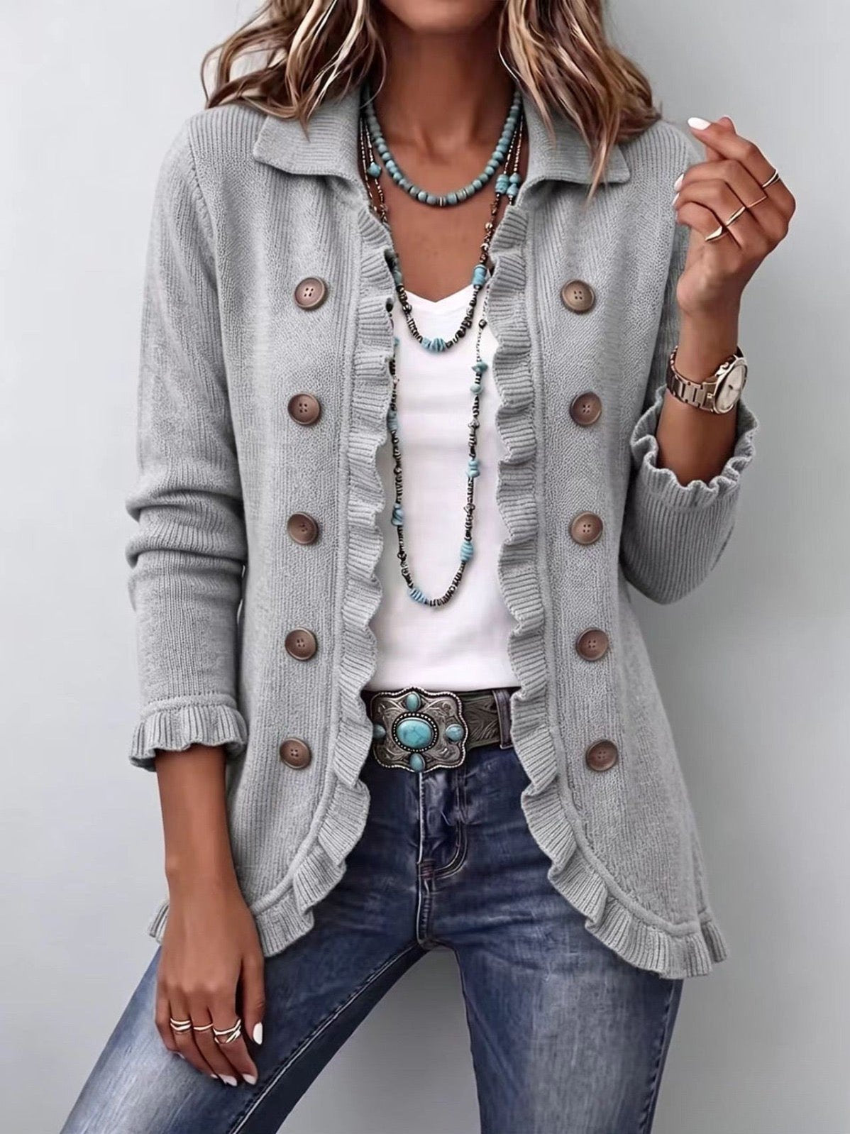 Glynnis | Giacca Ruffle in Maglia A Coste Grigia Heather