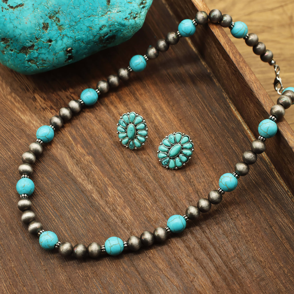 Collana e Orecchini con Perline in Contrasto Turchese (5 pezzi)