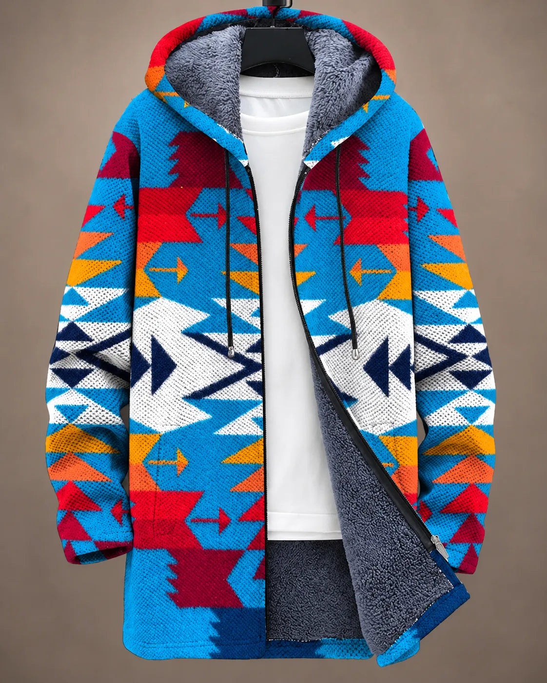 Greta | Giacca Lunga con Cappuccio Geometrica