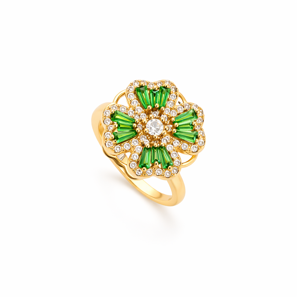 Anello Rotante Quadrifoglio Smeraldo | Oro