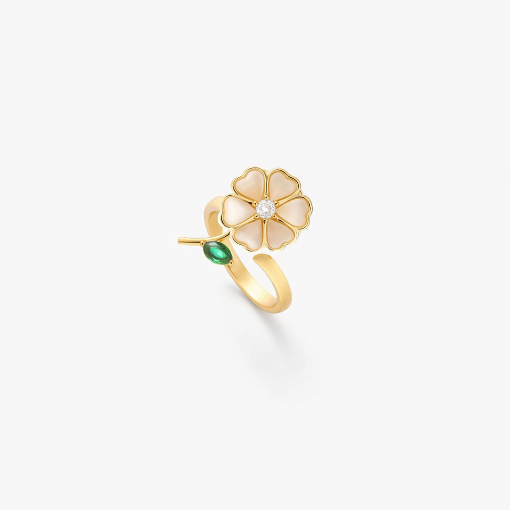 Anello Rotante Fiore e Foglia Smeraldo | Oro
