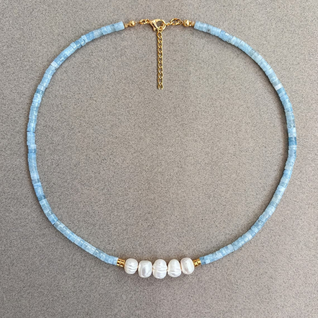 Collana Minimal in Acquamarina Turchese e Perle