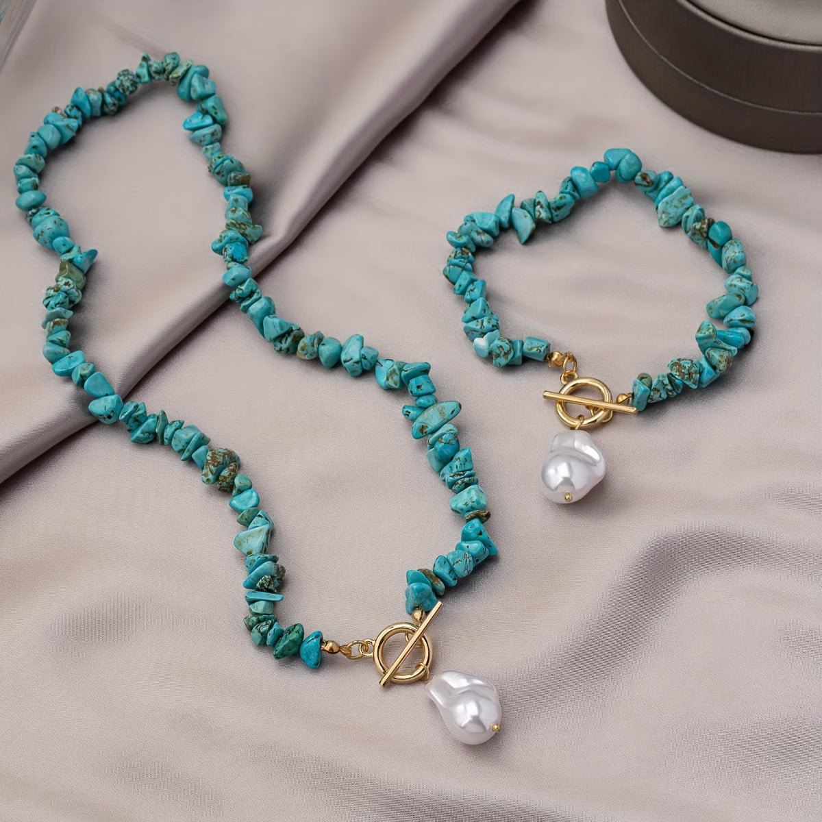 Set di Collana e Bracciale in Turchese e Perla
