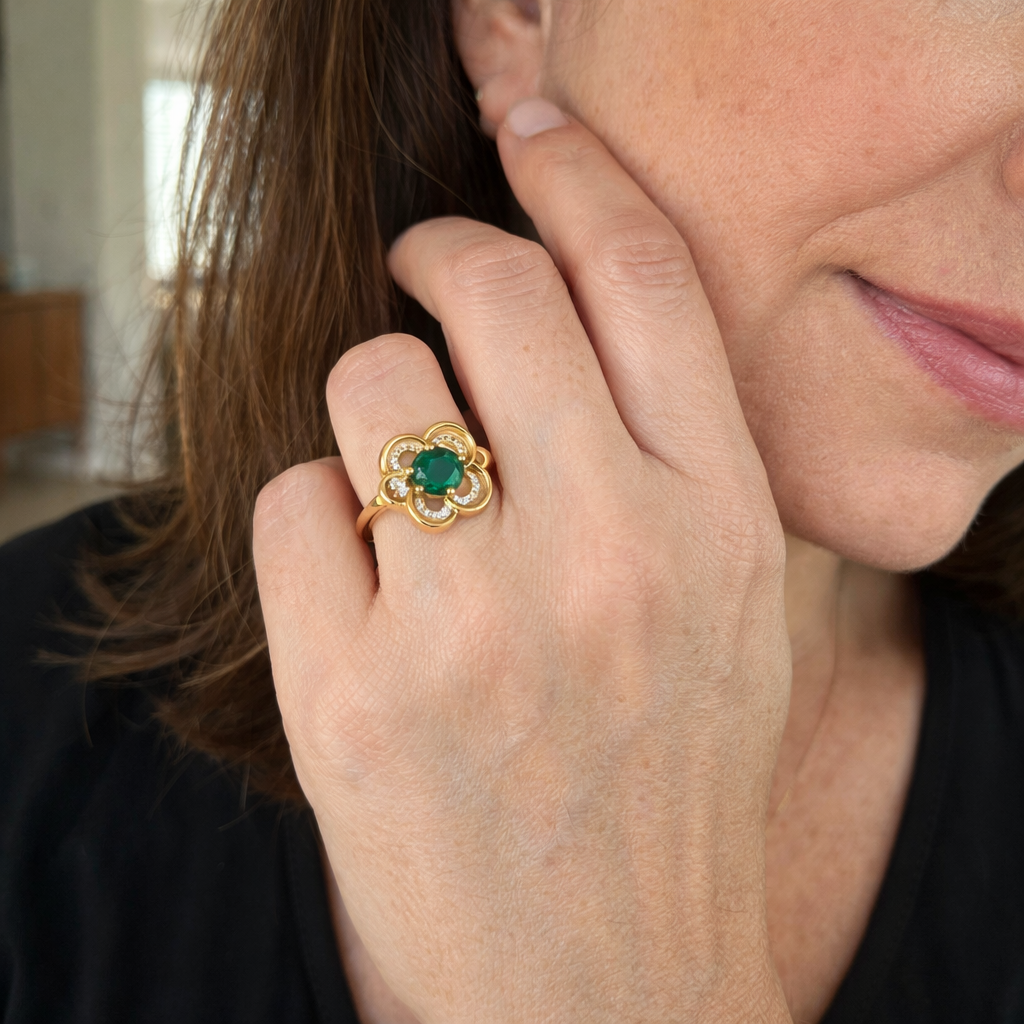 Anello Rotante Halo Quadrifoglio Smeraldo | Oro