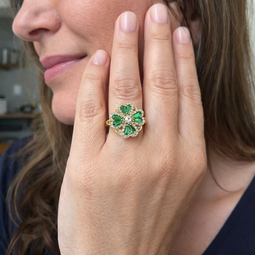 Anello Rotante Quadrifoglio Smeraldo | Oro