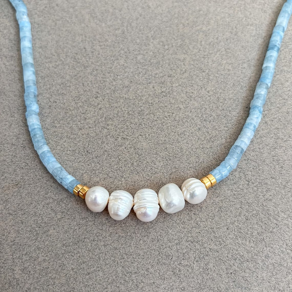 Collana Minimal in Acquamarina Turchese e Perle