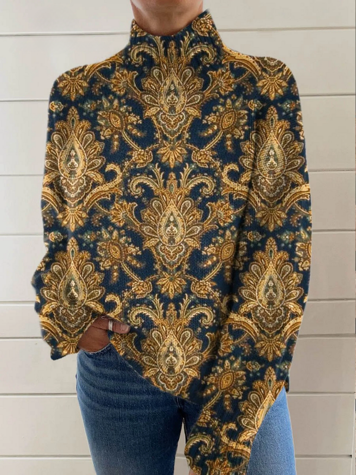 Scarlett - Maglione a collo alto con stampa floreale vintage