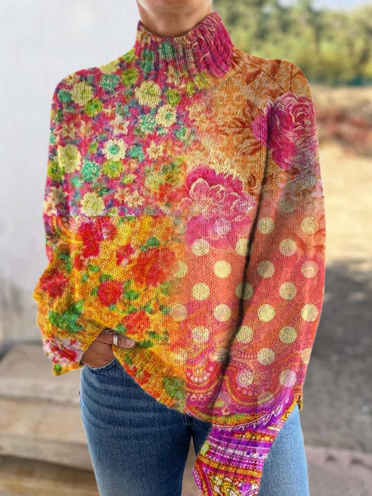 Abigail - Maglione a collo alto con pois e fiori