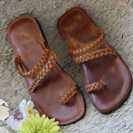 Infradito in Pelle Intrecciata - Marrone Cognac