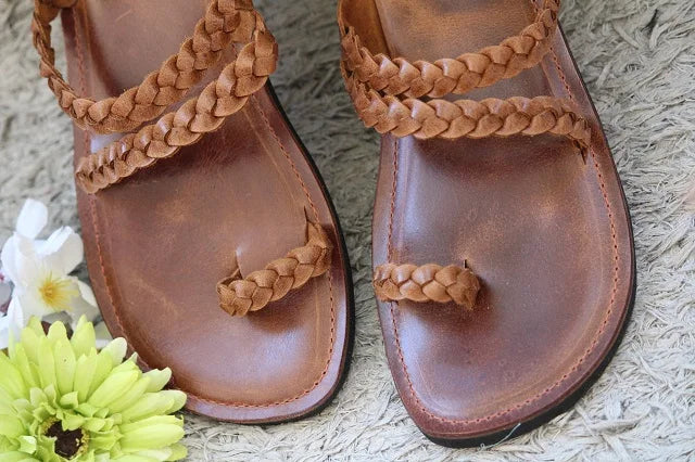 Infradito in Pelle Intrecciata - Marrone Cognac
