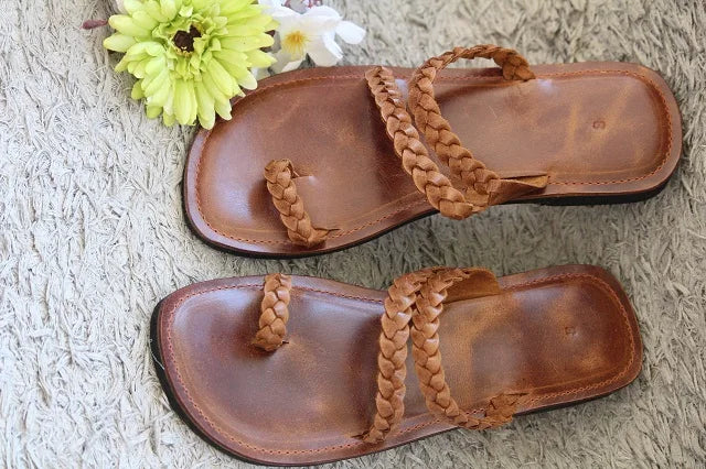 Infradito in Pelle Intrecciata - Marrone Cognac