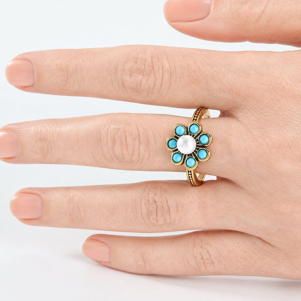 Anello Elegante in Perla Turchese con Fiori