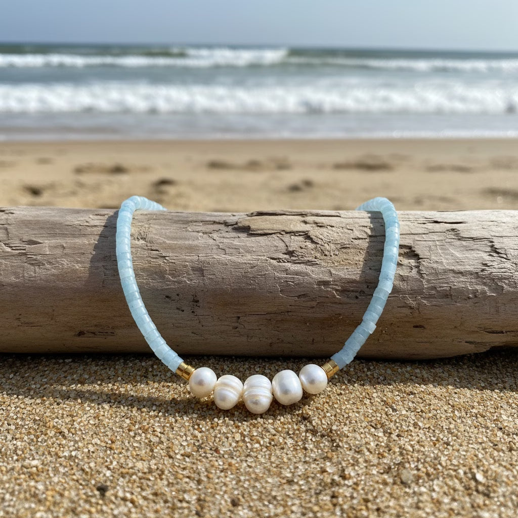 Collana Minimal in Acquamarina Turchese e Perle