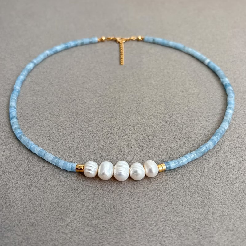 Collana Minimal in Acquamarina Turchese e Perle