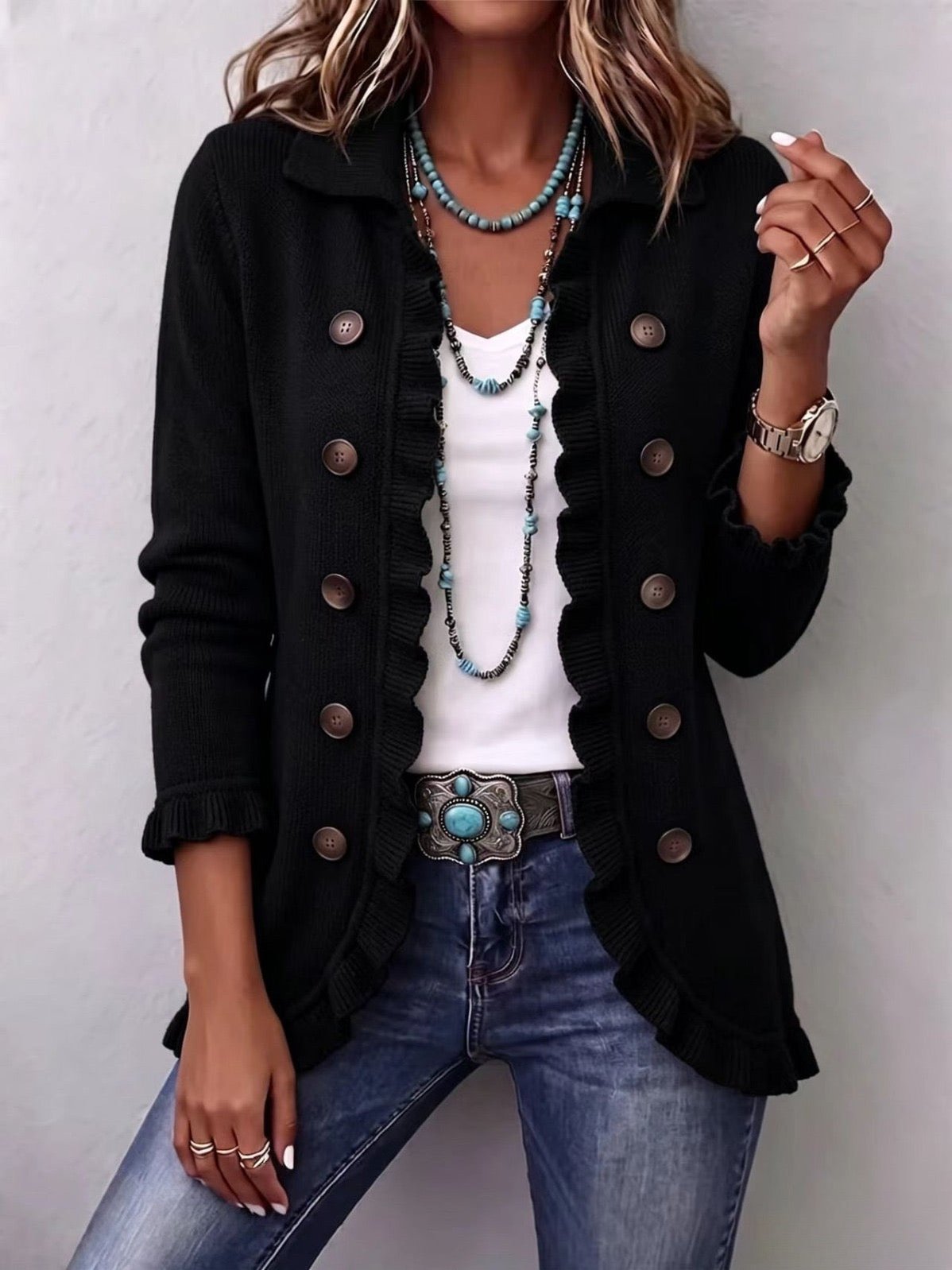 Rosina | Giacca a Righe Nera in Maglia con Rouches
