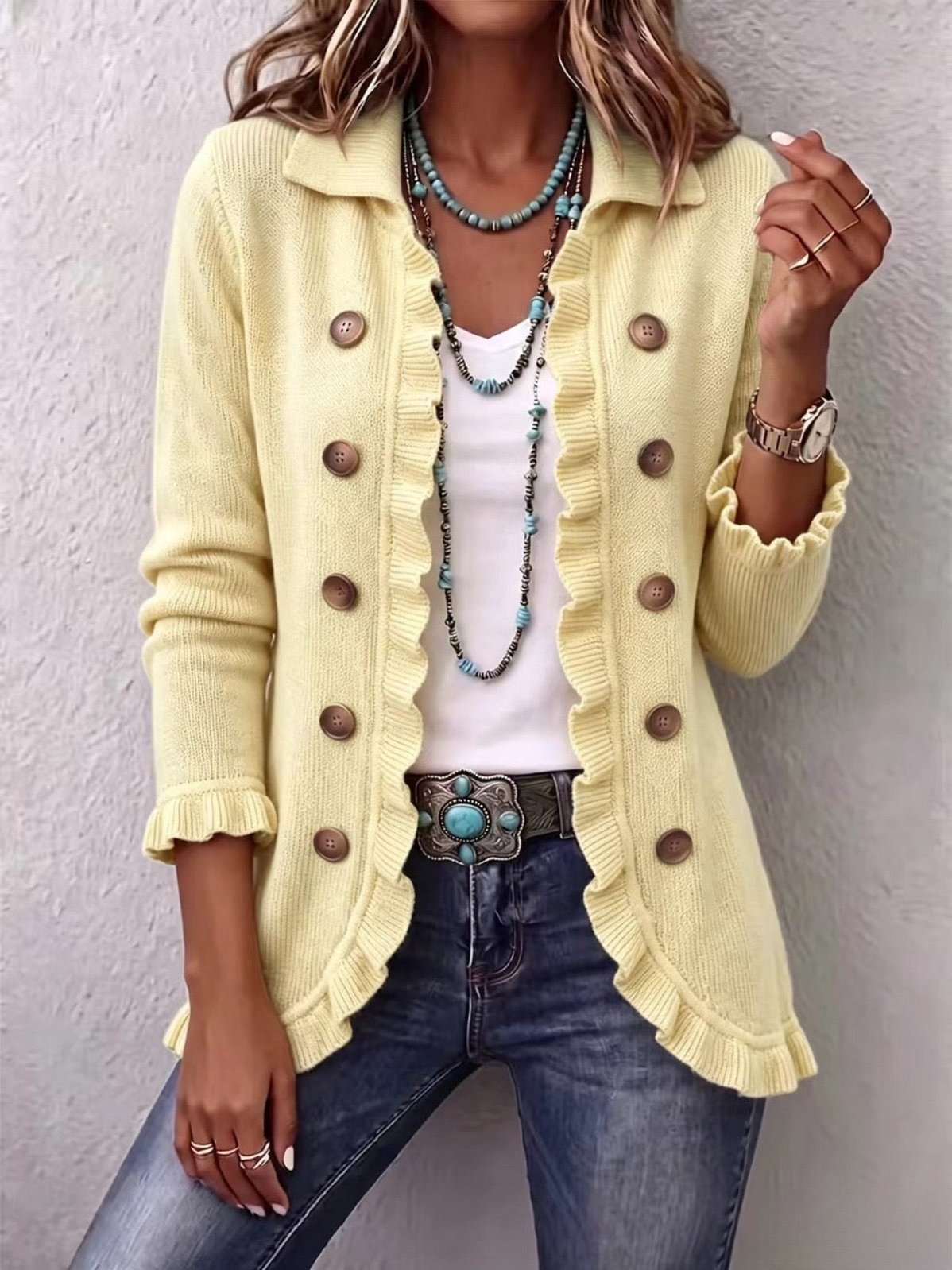 Neasa | Giacca Ruffle in Maglia a Coste Color Burro