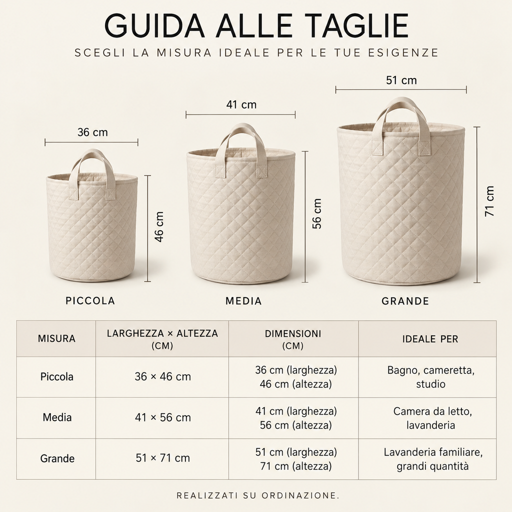 Guida alle taglie: piccola 36 × 46 cm, media 41 × 56 cm, grande 51 × 71 cm