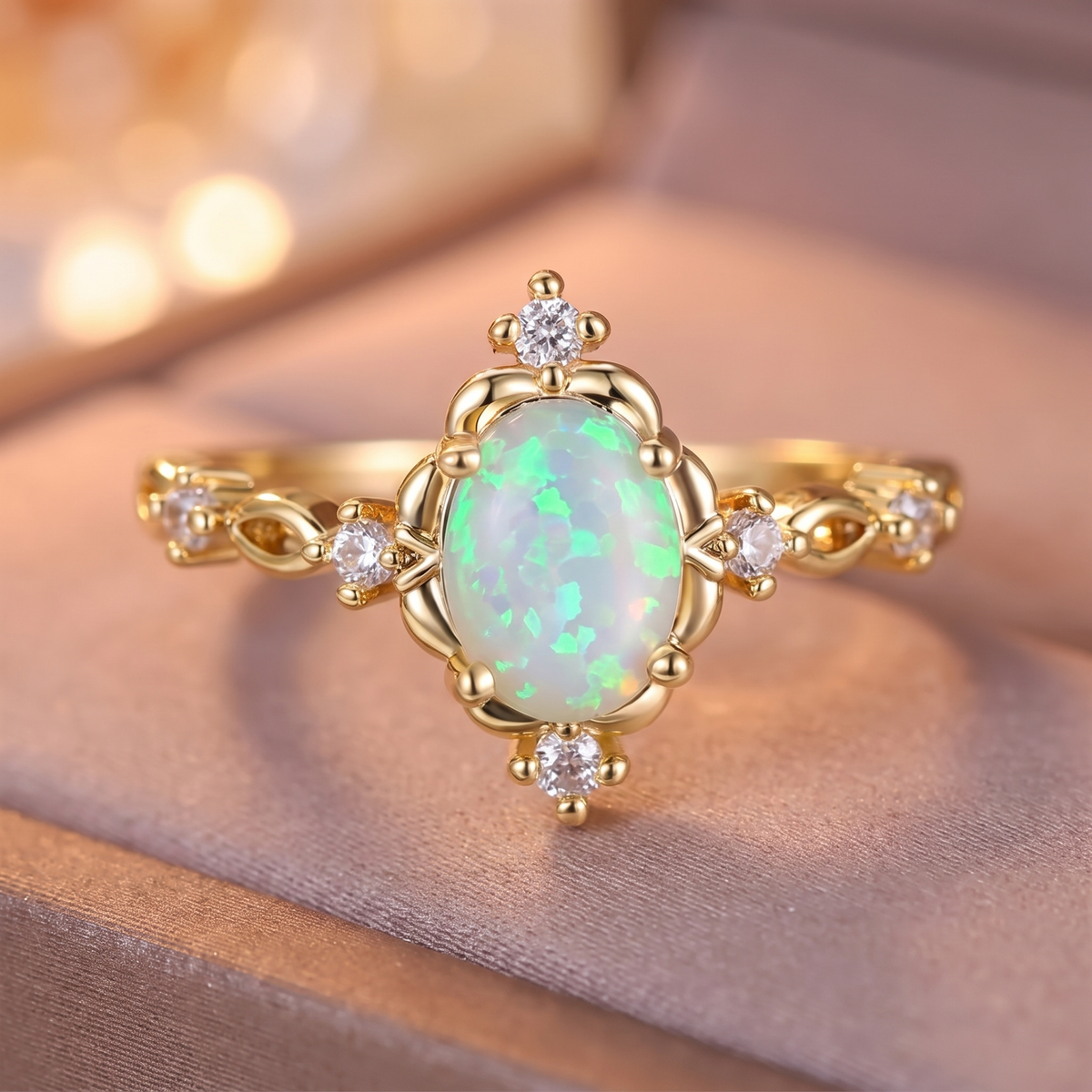Anello Fiore con Pietra Oval di Opale Bianco