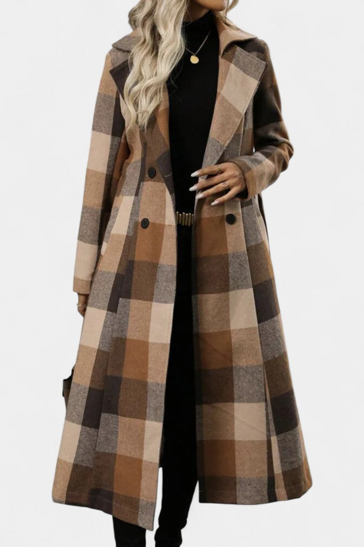 Fabienne | Cappotto lungo a quadri con cintura