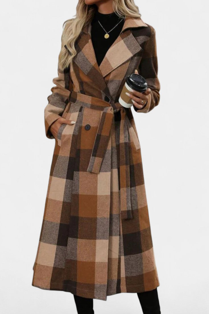 Fabienne | Cappotto lungo a quadri con cintura