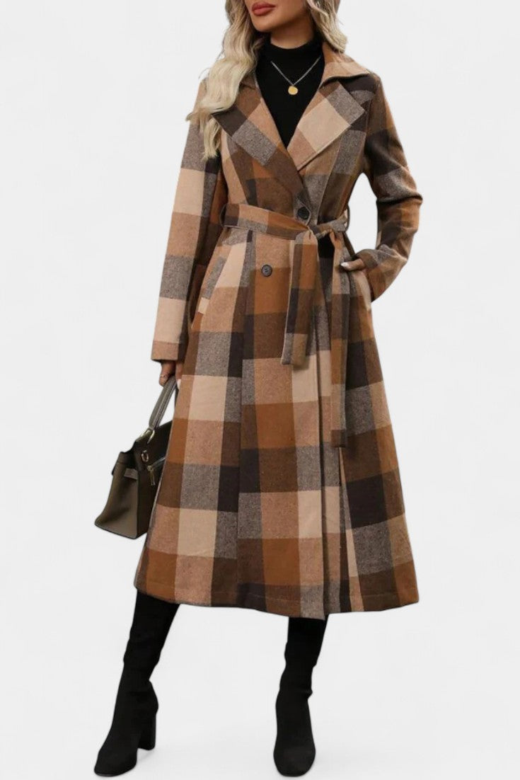 Fabienne | Cappotto lungo a quadri con cintura
