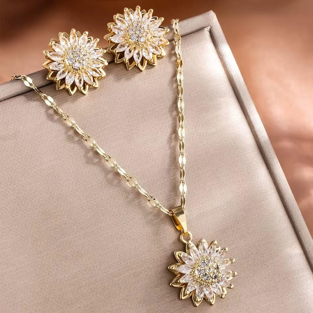 Set di collana e orecchini in zirconia d'argento a forma di girasole