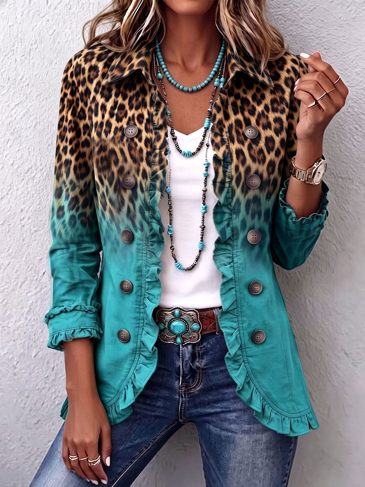 Breda | Giacca Blazer Ruffle Ombre Leopardo