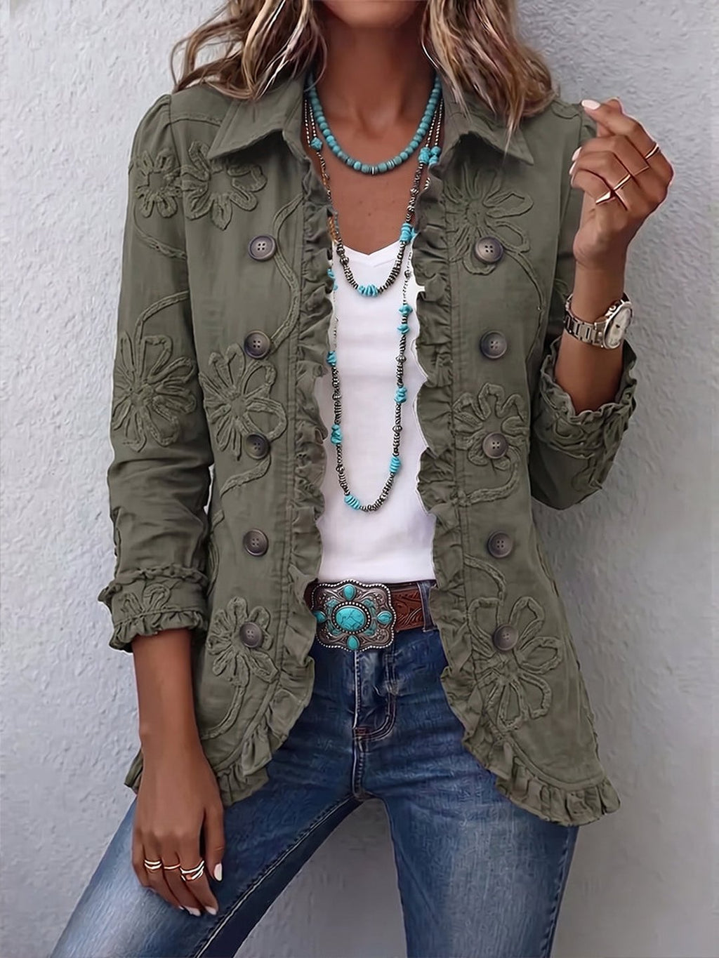 Órlaith | Giacca Utilitaria Ricamata Floreale Boho-Chic con Rouches