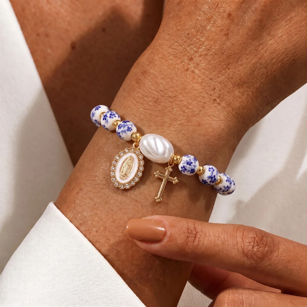 Bracciale in Ceramica con Medaglia e Croce